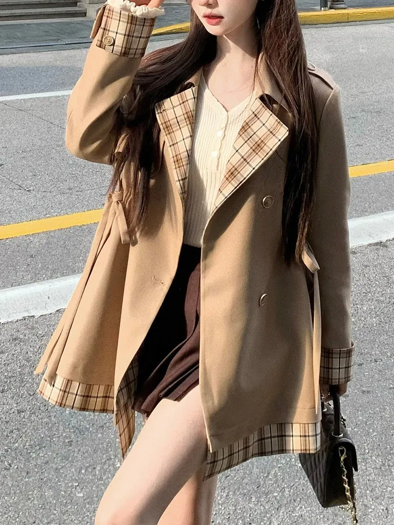 Wjczt 2024 fall fashion trends Maple Candy Girl Khaki Trench Coat Female 2024 Autumn Plaid Stitching Coat Small Versatile Mid-Length Trench Coat