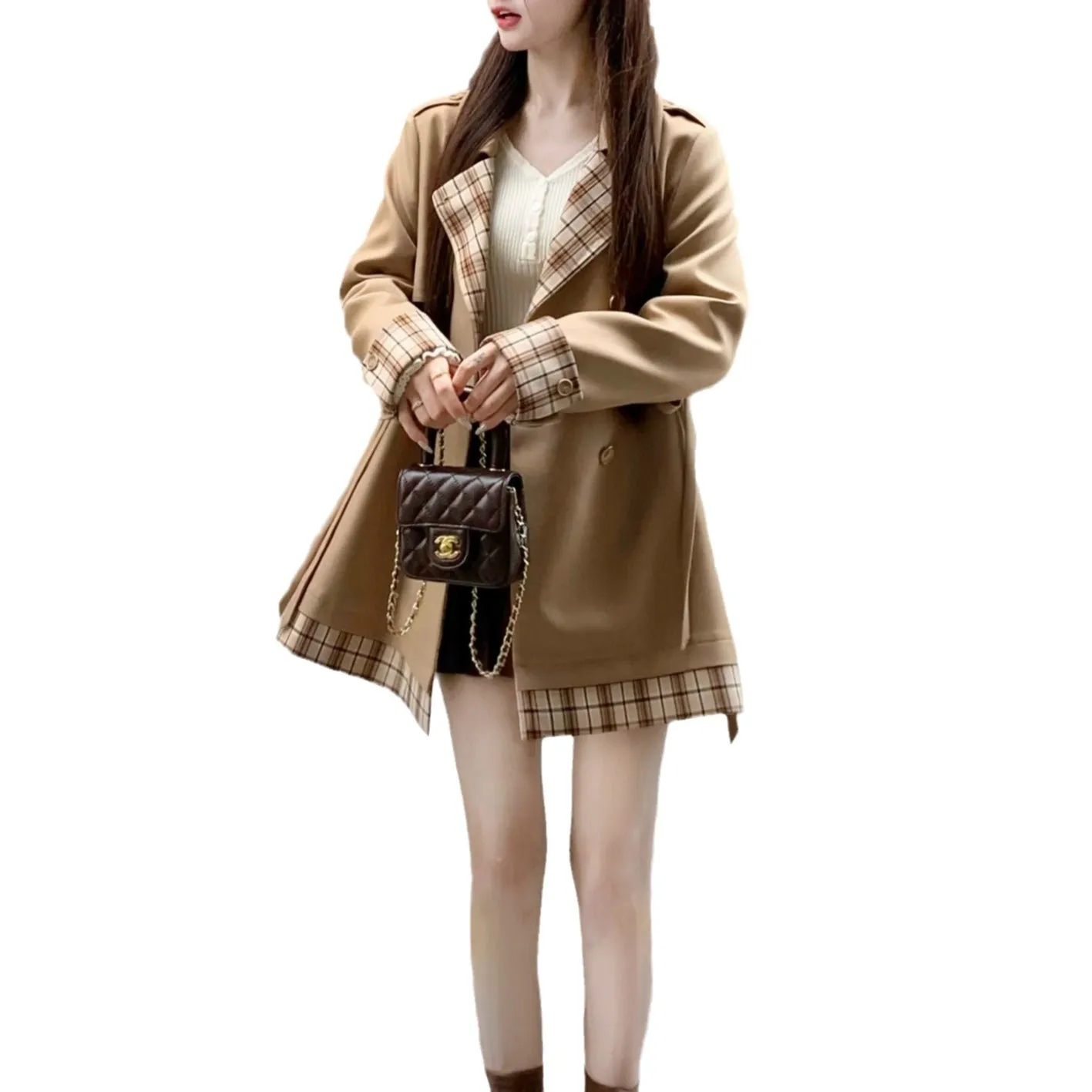 Wjczt 2024 fall fashion trends Maple Candy Girl Khaki Trench Coat Female 2024 Autumn Plaid Stitching Coat Small Versatile Mid-Length Trench Coat