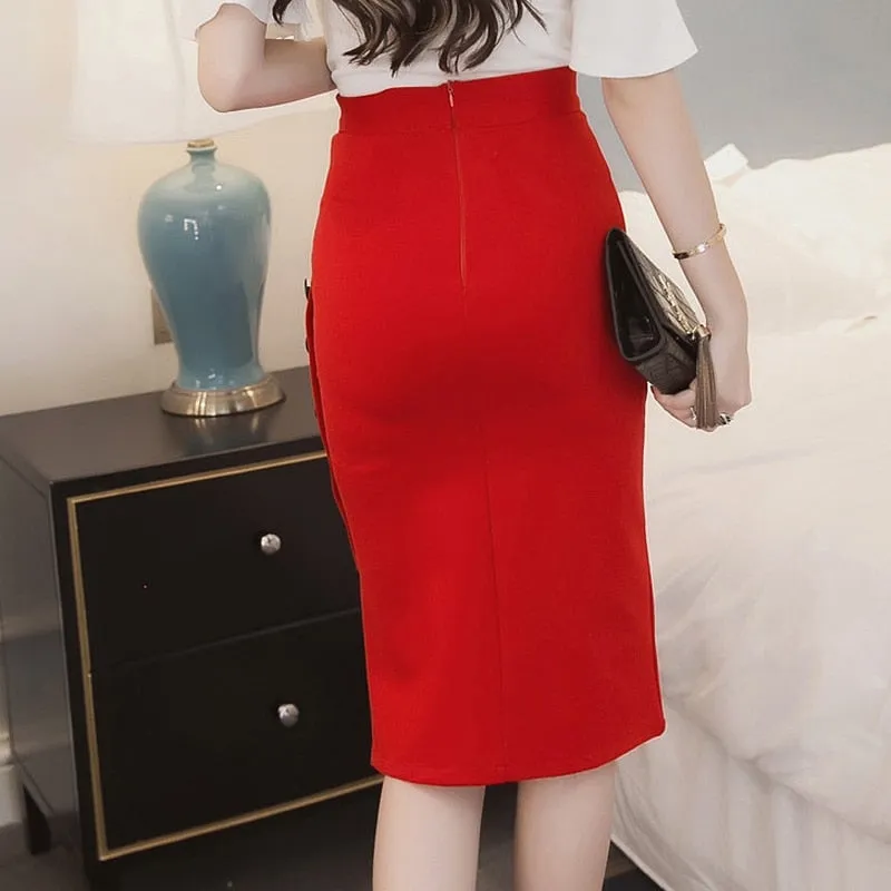 Wjczt New Women Elegant Slim Pencil Skirts High Waist Ladies Skirt Side Split Button Office Ladies Bodycon Fitted Skirts