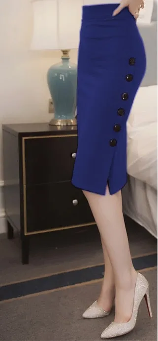 Wjczt New Women Elegant Slim Pencil Skirts High Waist Ladies Skirt Side Split Button Office Ladies Bodycon Fitted Skirts