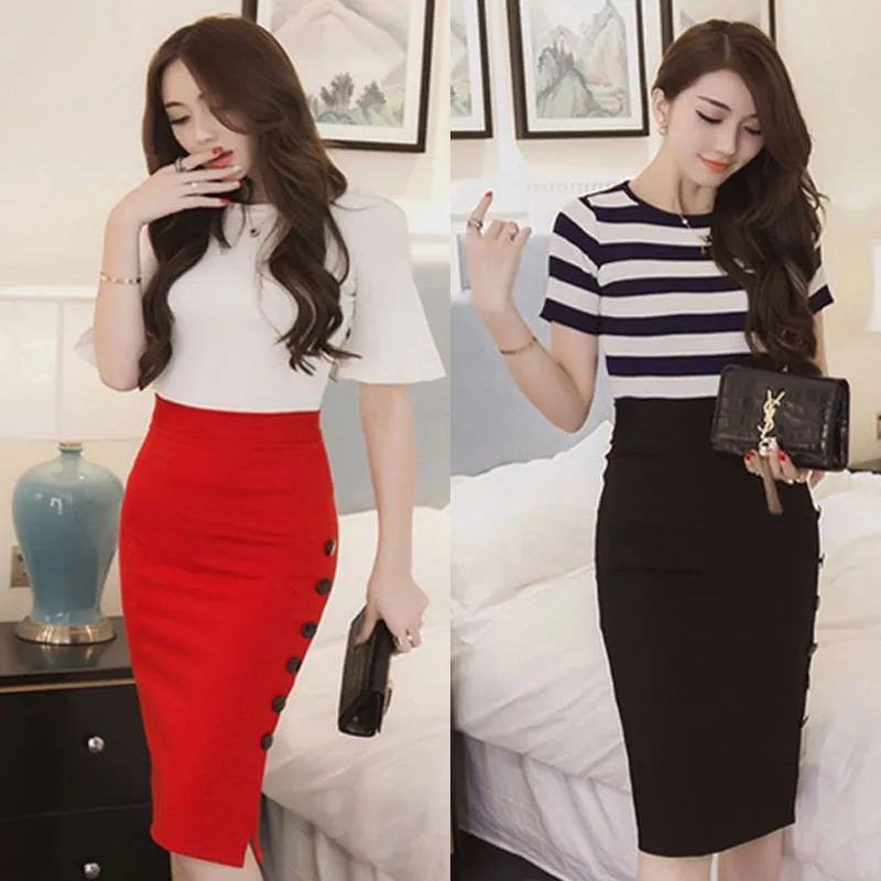 Wjczt New Women Elegant Slim Pencil Skirts High Waist Ladies Skirt Side Split Button Office Ladies Bodycon Fitted Skirts