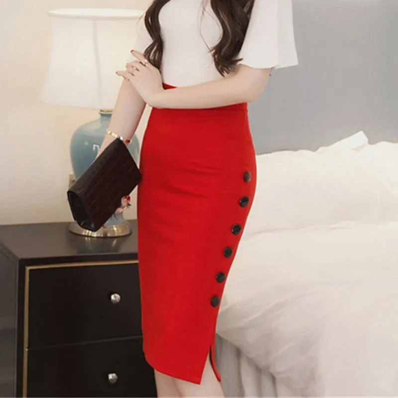 Wjczt New Women Elegant Slim Pencil Skirts High Waist Ladies Skirt Side Split Button Office Ladies Bodycon Fitted Skirts