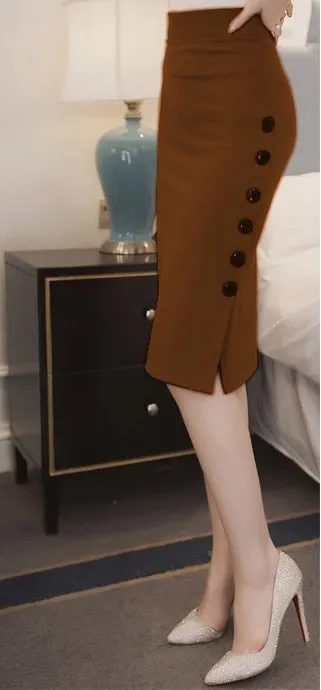 Wjczt New Women Elegant Slim Pencil Skirts High Waist Ladies Skirt Side Split Button Office Ladies Bodycon Fitted Skirts
