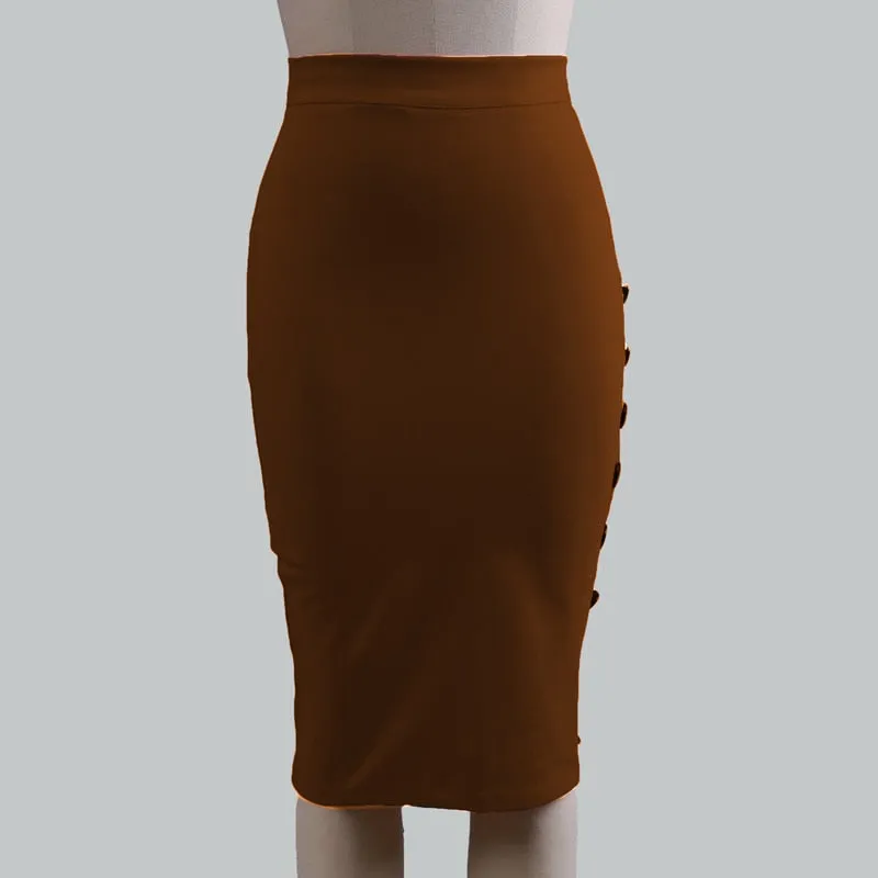 Wjczt New Women Elegant Slim Pencil Skirts High Waist Ladies Skirt Side Split Button Office Ladies Bodycon Fitted Skirts