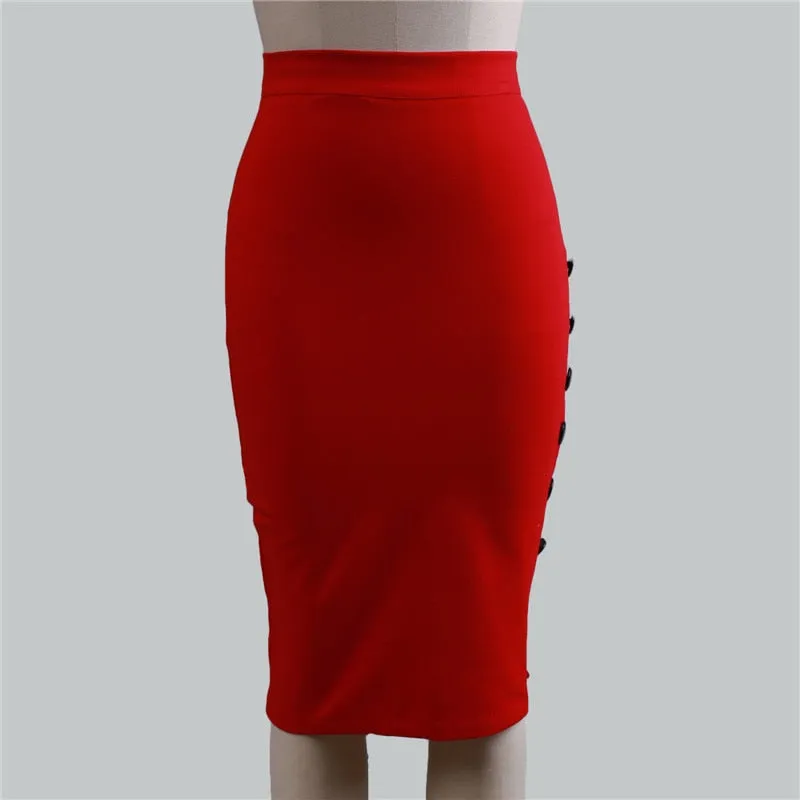 Wjczt New Women Elegant Slim Pencil Skirts High Waist Ladies Skirt Side Split Button Office Ladies Bodycon Fitted Skirts