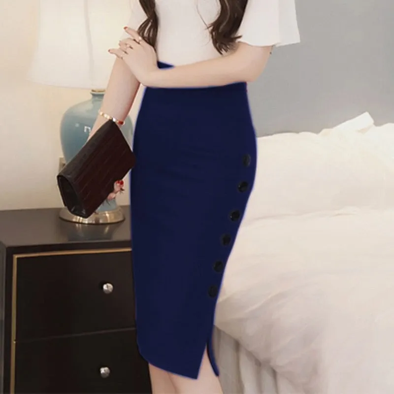 Wjczt New Women Elegant Slim Pencil Skirts High Waist Ladies Skirt Side Split Button Office Ladies Bodycon Fitted Skirts