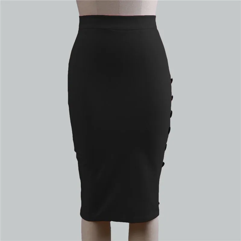 Wjczt New Women Elegant Slim Pencil Skirts High Waist Ladies Skirt Side Split Button Office Ladies Bodycon Fitted Skirts