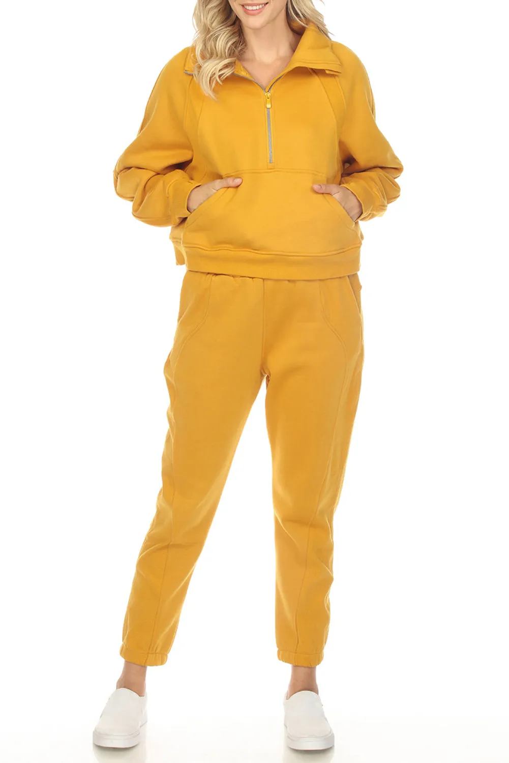 Women's Solid Color Half Zip Sweatshirt and Sweatpants Sports Set