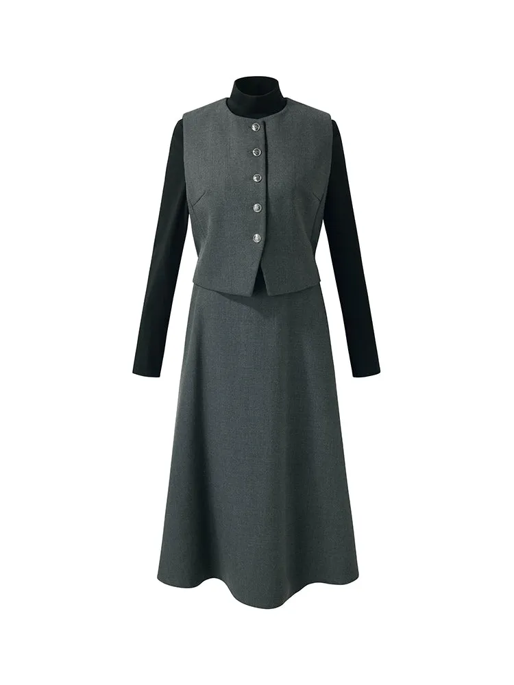 Wool Blend Vest And Skirt And Knit Top Three-Piece Set
