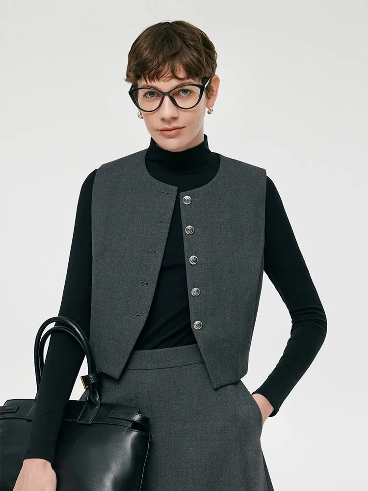 Wool Blend Vest And Skirt And Knit Top Three-Piece Set